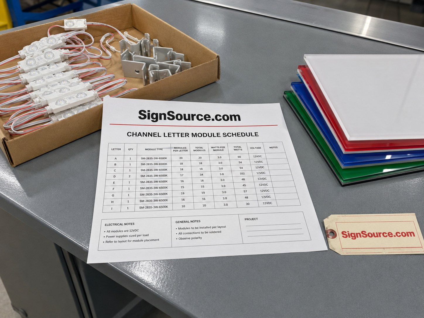 SignSource.com spec sheet and installer parts on a sign shop counter